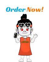 a cartoon of a girl holding a cell phone with the words order now above her