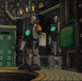 a cartoon drawing of a robot with a green light on its head