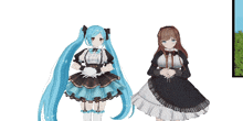 two anime girls are standing next to each other with one wearing a blue dress
