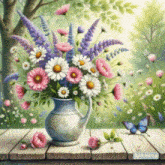 a vase filled with pink and purple flowers sits on a table next to a butterfly
