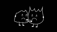 a black and white drawing of two cartoon characters , a rock and a fire , with sad faces .