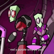 a couple of cartoon characters standing next to each other with the words red y purple only de yuni written on the bottom
