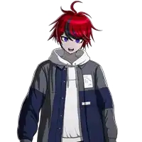 a cartoon character with red hair and blue eyes is wearing a jacket that says converse