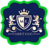 a logo for merit king has a shield with a crown and two lions on it