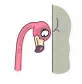 a cartoon flamingo is standing next to a cracked wall .