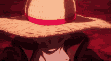 a close up of a person wearing a straw hat with a red band .