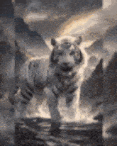 a white tiger is standing on top of a wooden bridge in the water .