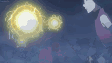 a woman is standing in front of a lightning bolt in the sky .