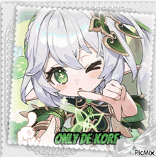 a picture of a girl with white hair and green eyes with the words onlydekore on the bottom