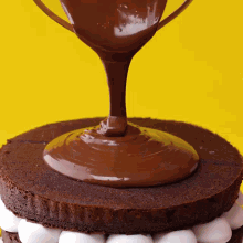 chocolate is being poured on top of a cake with marshmallows