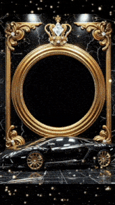 a black car is in front of a gold frame with a crown