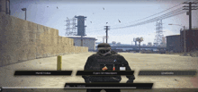 a screenshot of a video game shows a man standing in the middle of a desert