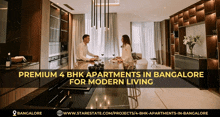 a man and a woman sit at a table in a kitchen with the words premium 4 bhk apartments in bangalore for modern living