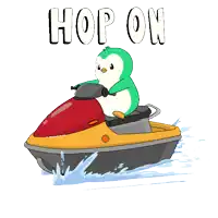 a cartoon of a penguin riding a jet ski with the words " hop on " above it