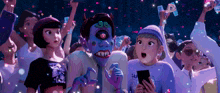 a group of cartoon characters are standing in a crowd looking at a phone