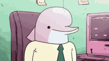 a cartoon dolphin wearing a suit and tie is sitting in a chair .