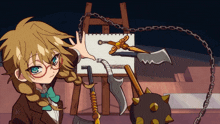 a drawing of a girl holding a sword and a chain with the letter a on it