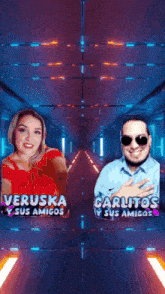 a woman and a man are standing next to each other with the words veruska sus amigos