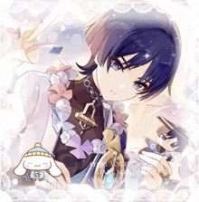 a picture of a boy with blue hair holding a stuffed animal with the word cinnamoroll on it