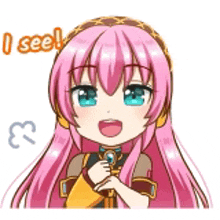 a cartoon girl with pink hair and blue eyes is wearing headphones and a headband .
