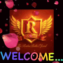 a welcome sign for a fan club with petals flying around it
