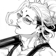 a woman is smoking a cigarette in a black and white drawing .