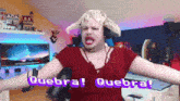 a man in a red shirt says quebra in a video game room