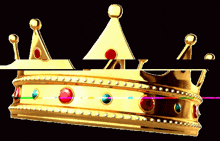 a gold crown with colored stones and pearls on a black background