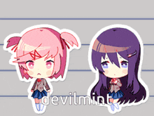 a sticker of a girl with pink hair and a sticker of a girl with purple hair and the word devilmint