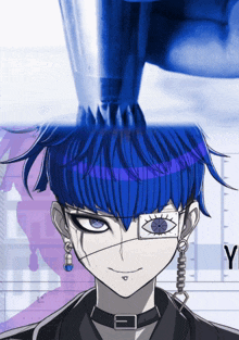 a drawing of a person with blue hair has the letter v on the bottom right