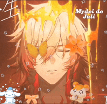 a picture of mydei de juli with a butterfly and a flower in his hair