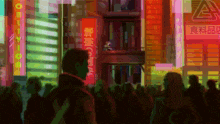 a painting of a crowd of people walking in front of a building that says ' a ' on it