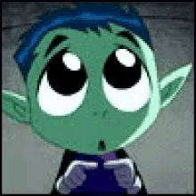 a close up of a cartoon character with big eyes and a blue haircut .