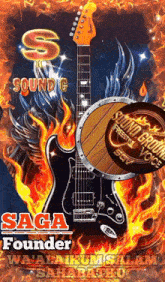 a poster with a guitar and a drum that says s sound g saga founder