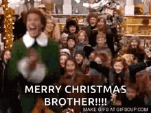 a group of people standing in front of a christmas tree with the words merry christmas brother written on the bottom