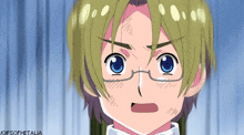 a close up of a boy with glasses and the words gifsofhetalia below him