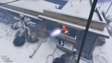a screenshot of a video game shows a santa claus flying through the air