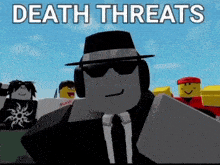 a roblox character wearing sunglasses and a hat with the words death threats above him