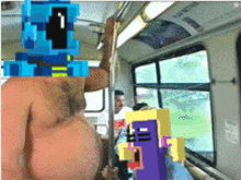 a man without a shirt is riding a bus with a purple and yellow minecraft character behind him