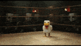 a chicken standing in a boxing ring with soldiers