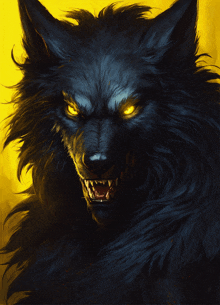 a black wolf with yellow eyes and sharp teeth
