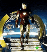 a picture of iron man standing in front of a gold archway .