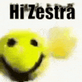 a close up of a yellow smiley face with the words `` hi zestra '' written above it .