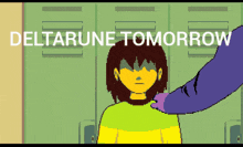 a pixel art drawing of a girl with the words deltarune tomorrow behind her