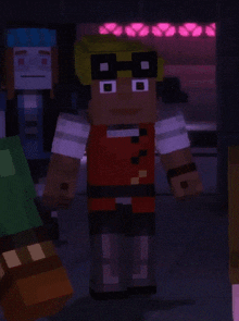 a minecraft character wearing glasses and a red vest is standing in a dark room .
