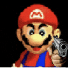 mario is holding a gun in his hand and pointing it at the camera .