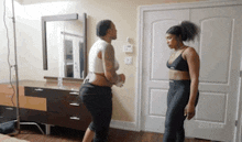 a couple of women are standing next to each other in a living room .