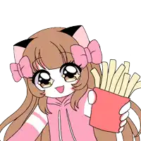 a drawing of a girl with a pink bow holding a bag of french fries