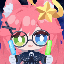 a cartoon drawing of a girl with glasses and pink hair