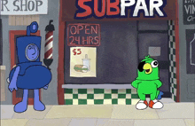 two cartoon characters are standing outside of a subpar store